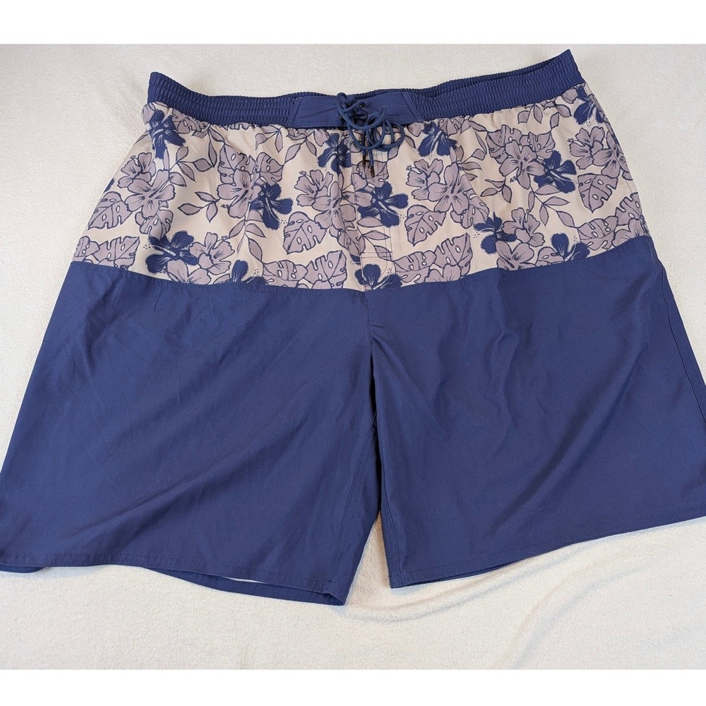 Mens Floral Swim Trunks Shorts Blue White Adjustable Waisth Hawaiian Tropical